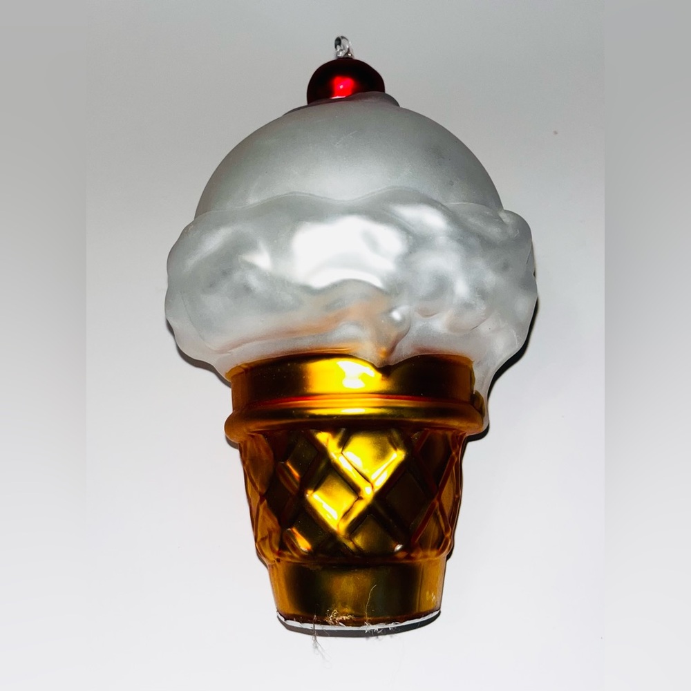 8.5” Dept 56 Mercury Glass Hand Painted Large Ice Cream Cone Ornament in Box